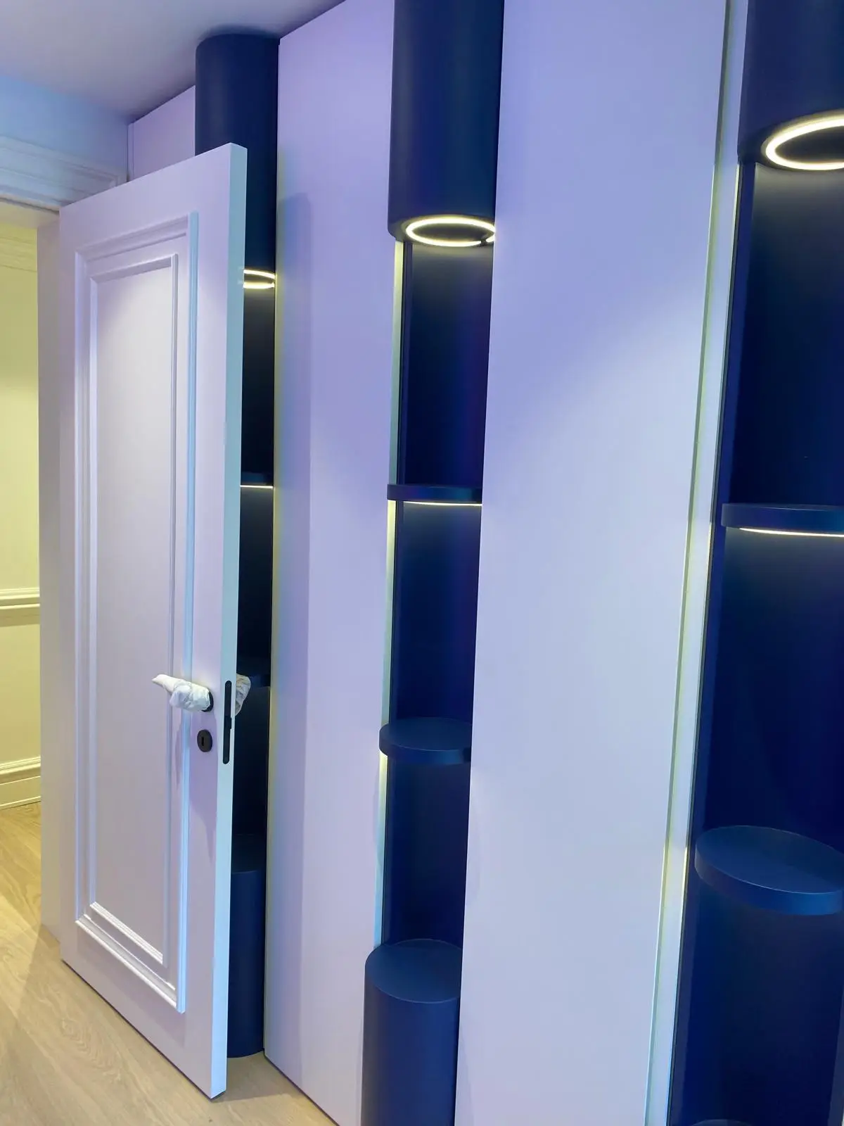 Lacquered blue shelving with integrated lighting in a fitted alcove